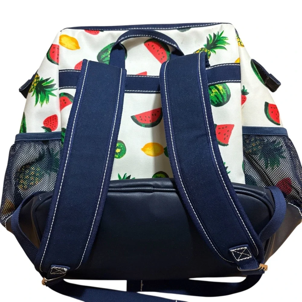 Lands End Large Canvas Coated Fruit Print Backpack Navy Trim Insulated CoolerBag